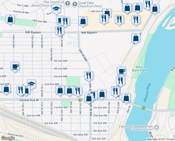 map of restaurants, bars, coffee shops, grocery stores, and more near 601 3rd Ave NW in Great Falls