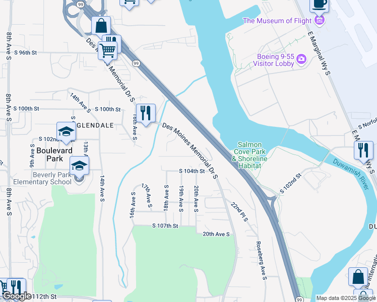 map of restaurants, bars, coffee shops, grocery stores, and more near 1827 South 103rd Street in Seattle