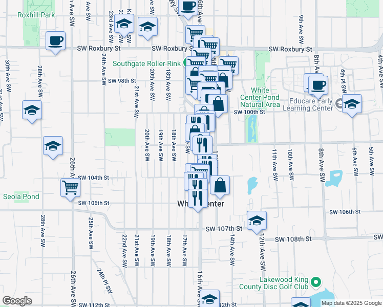 map of restaurants, bars, coffee shops, grocery stores, and more near 10231 17th Avenue Southwest in Seattle
