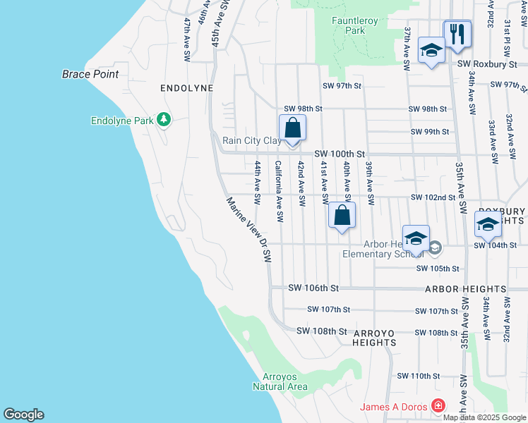 map of restaurants, bars, coffee shops, grocery stores, and more near 10234 44th Avenue Southwest in Seattle