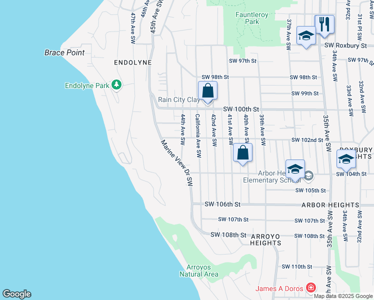 map of restaurants, bars, coffee shops, grocery stores, and more near 10234 44th Avenue Southwest in Seattle