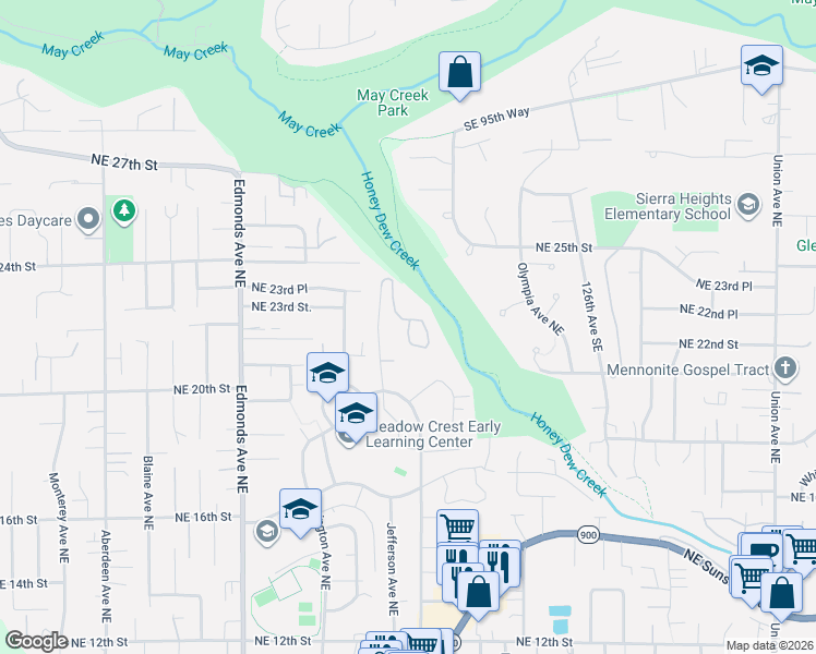 map of restaurants, bars, coffee shops, grocery stores, and more near 2300 Jefferson Avenue Northeast in Renton