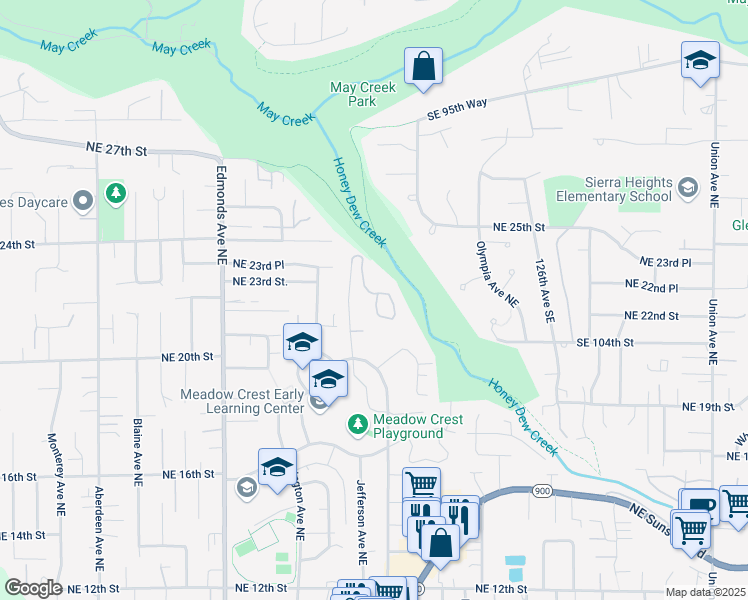 map of restaurants, bars, coffee shops, grocery stores, and more near 2300 Jefferson Avenue Northeast in Renton