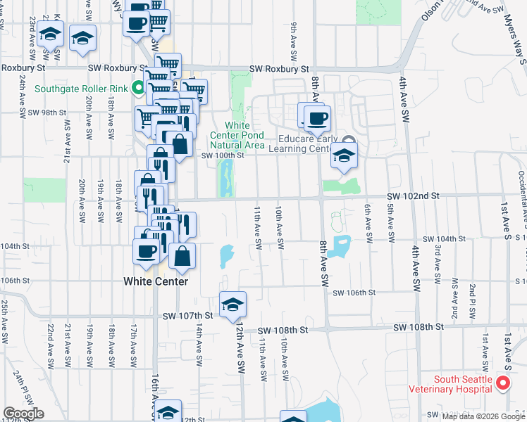 map of restaurants, bars, coffee shops, grocery stores, and more near 10233 11th Avenue Southwest in Seattle