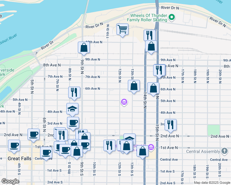 map of restaurants, bars, coffee shops, grocery stores, and more near 1104 6th Avenue North in Great Falls