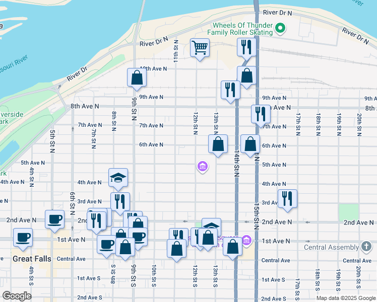 map of restaurants, bars, coffee shops, grocery stores, and more near 1104 6th Avenue North in Great Falls