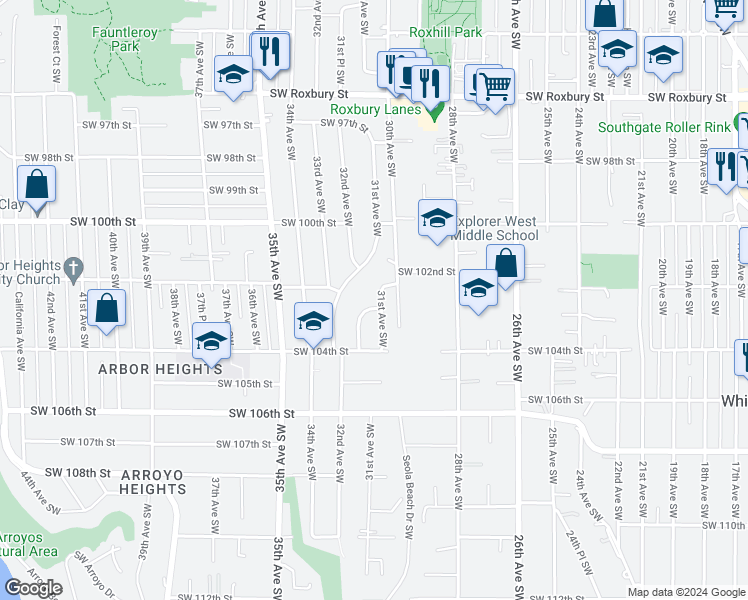 map of restaurants, bars, coffee shops, grocery stores, and more near 10215 31st Avenue Southwest in Seattle