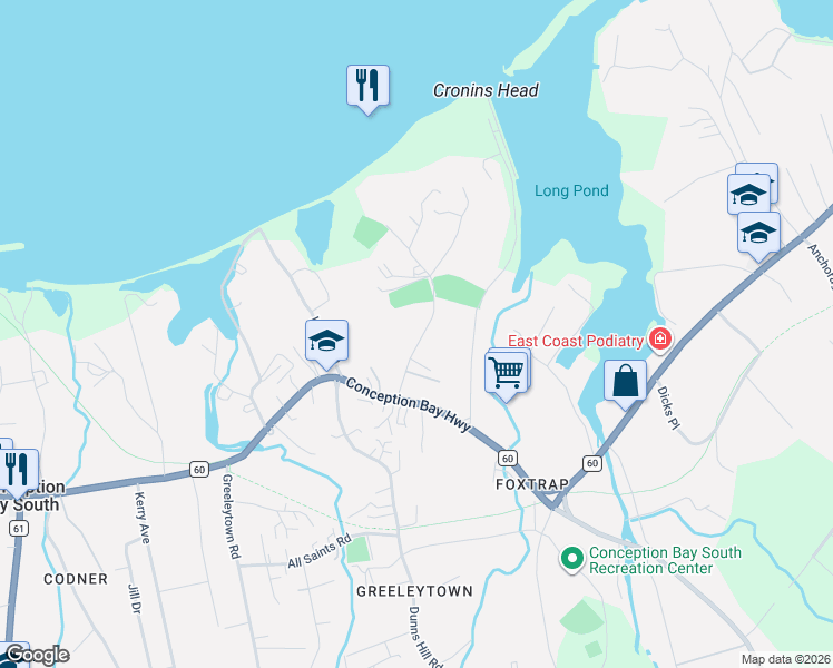 map of restaurants, bars, coffee shops, grocery stores, and more near 23 Church Road in Conception Bay South