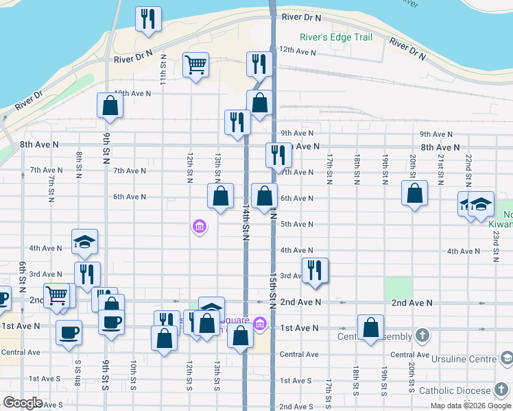 map of restaurants, bars, coffee shops, grocery stores, and more near 1413 North 5th Avenue Northwest in Great Falls