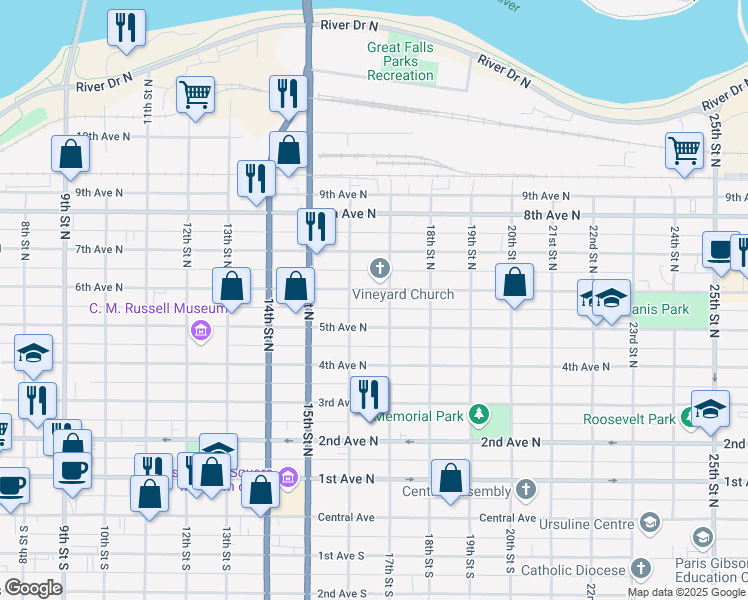 map of restaurants, bars, coffee shops, grocery stores, and more near 1613 5th Avenue North in Great Falls