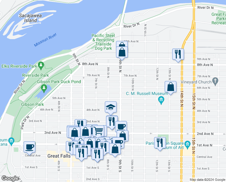 map of restaurants, bars, coffee shops, grocery stores, and more near 823 5th Ave N in Great Falls