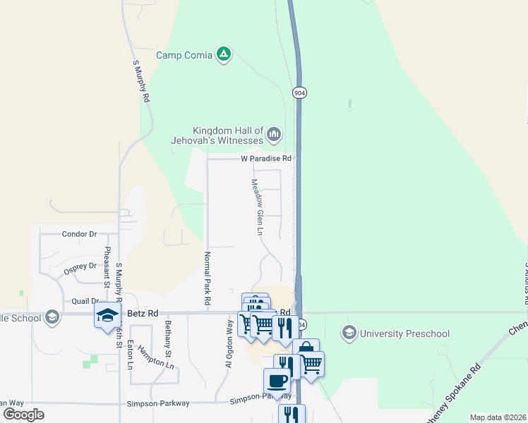 map of restaurants, bars, coffee shops, grocery stores, and more near 3216 Meadow Glen Lane in Cheney