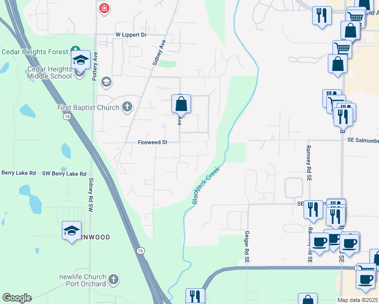 map of restaurants, bars, coffee shops, grocery stores, and more near 215 Violet Court in Port Orchard