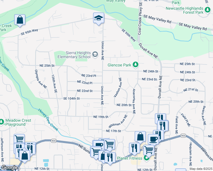 map of restaurants, bars, coffee shops, grocery stores, and more near 2138 Union Avenue Northeast in Renton