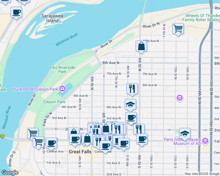 map of restaurants, bars, coffee shops, grocery stores, and more near 601 5th Avenue North in Great Falls
