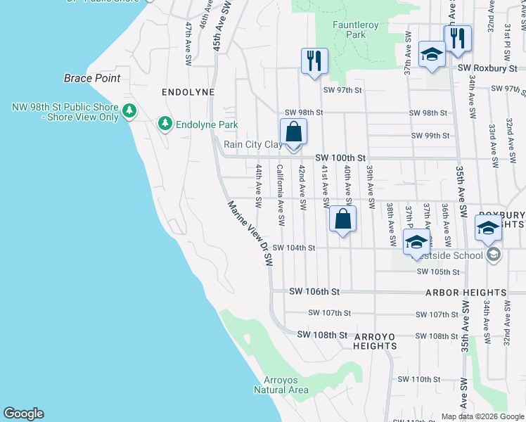 map of restaurants, bars, coffee shops, grocery stores, and more near 10234 44th Avenue Southwest in Seattle