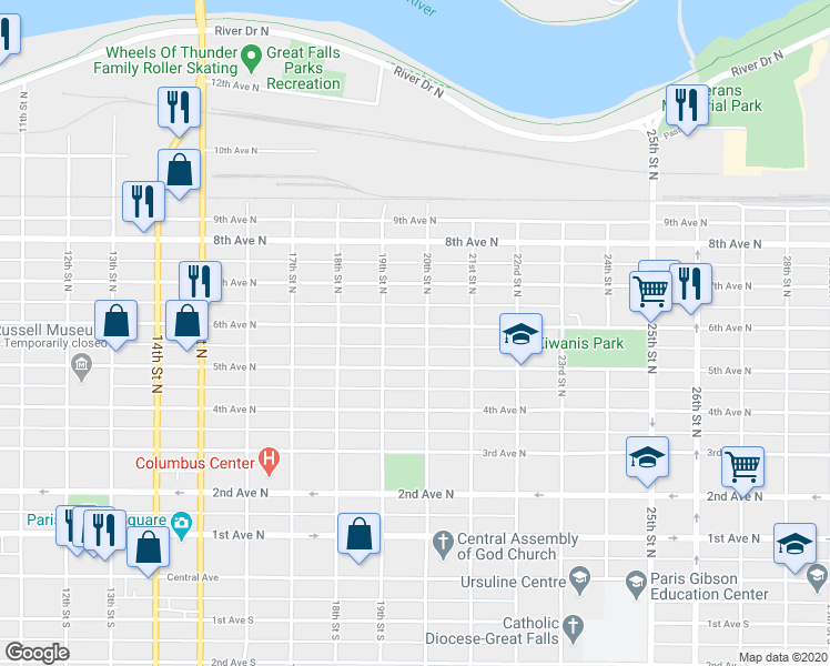 map of restaurants, bars, coffee shops, grocery stores, and more near 1920 6th Avenue North in Great Falls