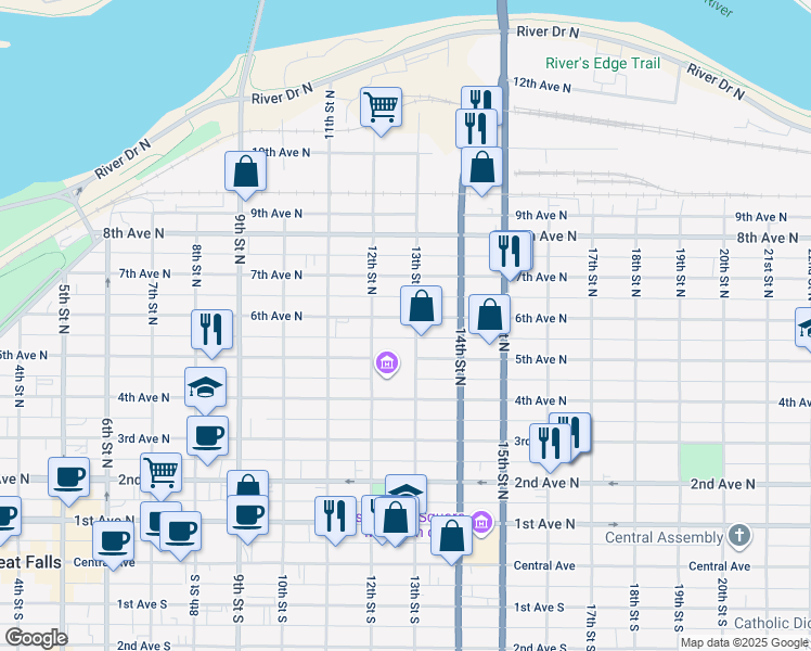map of restaurants, bars, coffee shops, grocery stores, and more near 1301 5th Avenue North in Great Falls