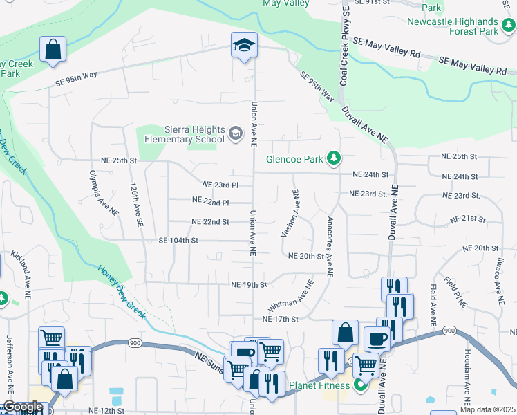 map of restaurants, bars, coffee shops, grocery stores, and more near 2138 Union Avenue Northeast in Renton