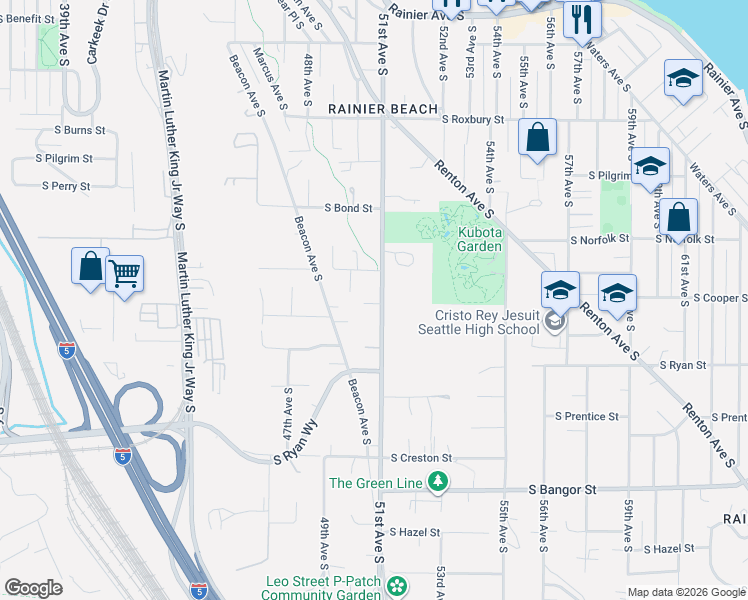 map of restaurants, bars, coffee shops, grocery stores, and more near 10004 Beacon Avenue South in Seattle