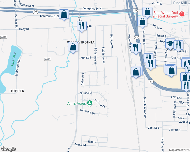 map of restaurants, bars, coffee shops, grocery stores, and more near 5417 South 21st Avenue West in Virginia