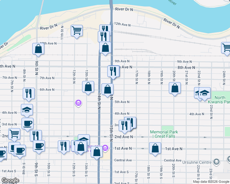 map of restaurants, bars, coffee shops, grocery stores, and more near 1504 6th Avenue North in Great Falls