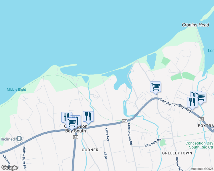 map of restaurants, bars, coffee shops, grocery stores, and more near 58 Battens Road in Conception Bay South