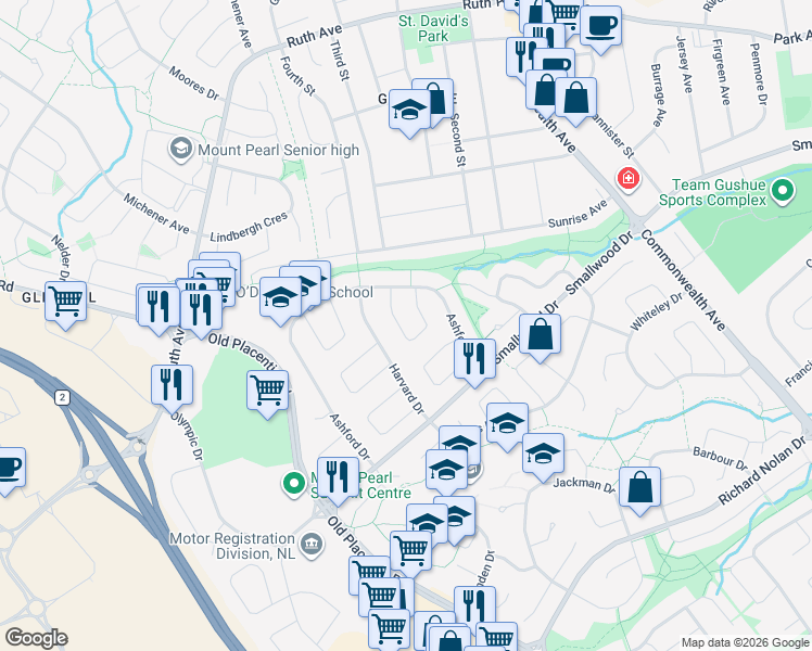 map of restaurants, bars, coffee shops, grocery stores, and more near 15 Dalhousie Crescent in Mount Pearl