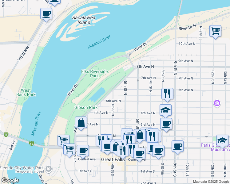 map of restaurants, bars, coffee shops, grocery stores, and more near 415 5th Ave N in Great Falls