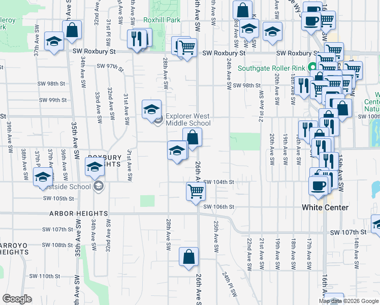 map of restaurants, bars, coffee shops, grocery stores, and more near 10247 26th Avenue Southwest in Seattle