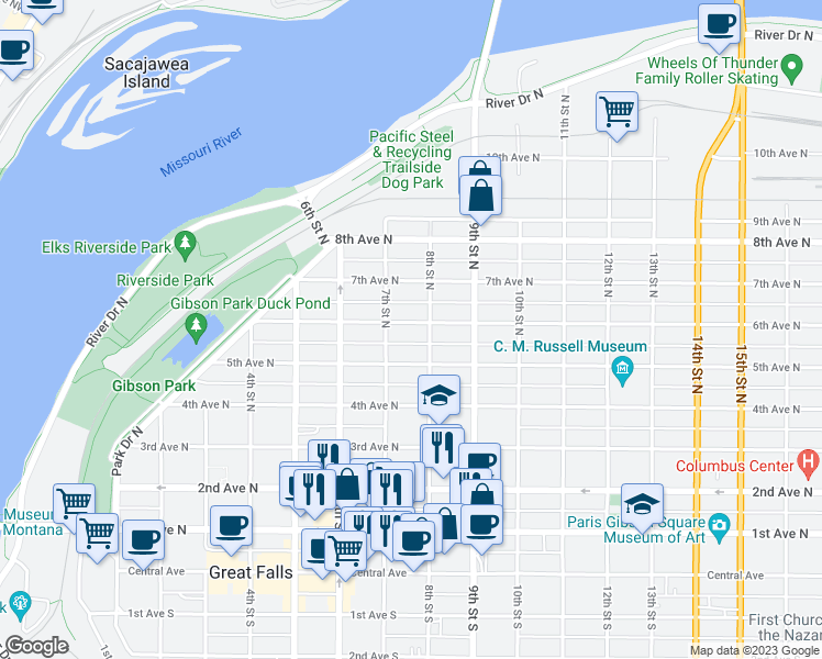 map of restaurants, bars, coffee shops, grocery stores, and more near 716 6th Avenue North in Great Falls