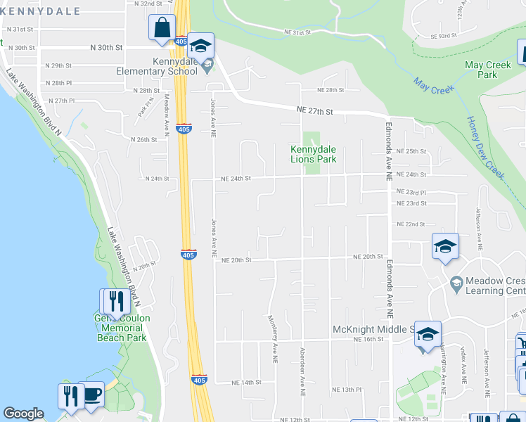 map of restaurants, bars, coffee shops, grocery stores, and more near 1900 Northeast 21st Street in Renton