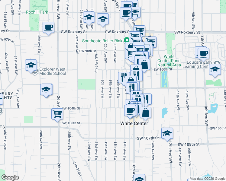 map of restaurants, bars, coffee shops, grocery stores, and more near 10232 19th Avenue Southwest in Seattle