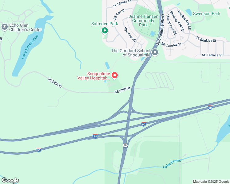 map of restaurants, bars, coffee shops, grocery stores, and more near Southeast 99th Street in Snoqualmie