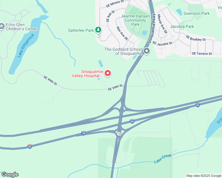 map of restaurants, bars, coffee shops, grocery stores, and more near Southeast 99th Street in Snoqualmie