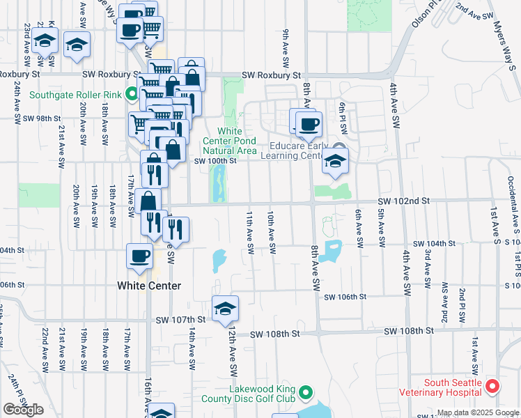 map of restaurants, bars, coffee shops, grocery stores, and more near 10040 10th Avenue Southwest in Seattle