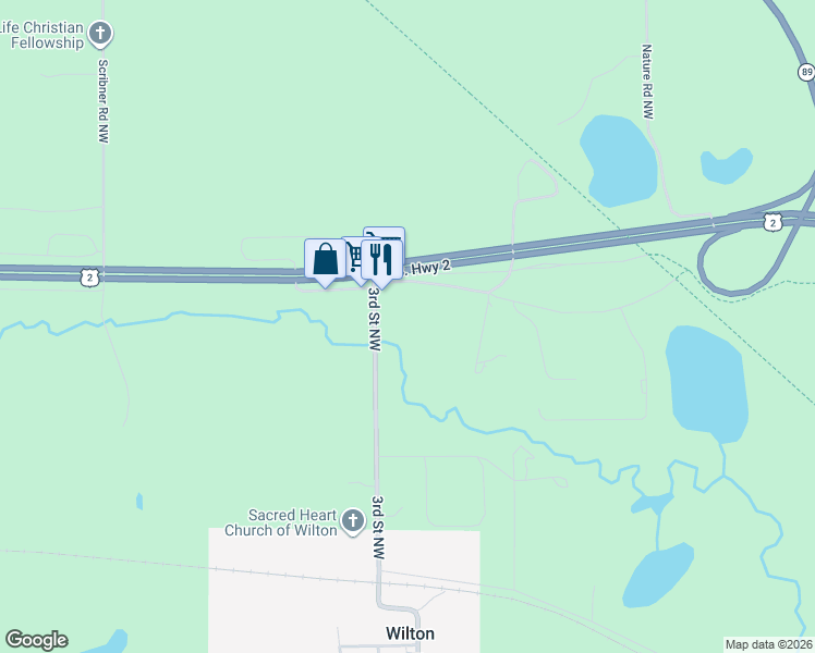 map of restaurants, bars, coffee shops, grocery stores, and more near 256 Spirit Avenue Northwest in Wilton
