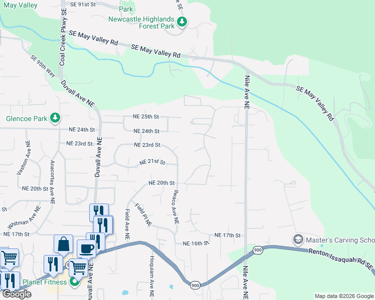 map of restaurants, bars, coffee shops, grocery stores, and more near 5305 Northeast 24th Court in Renton