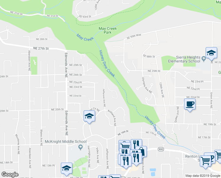 map of restaurants, bars, coffee shops, grocery stores, and more near 2300 Jefferson Avenue Northeast in Renton