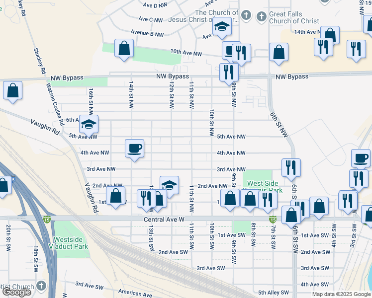 map of restaurants, bars, coffee shops, grocery stores, and more near 1105 4th Avenue Northwest in Great Falls