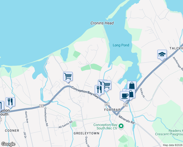 map of restaurants, bars, coffee shops, grocery stores, and more near 38 Church Road in Conception Bay South