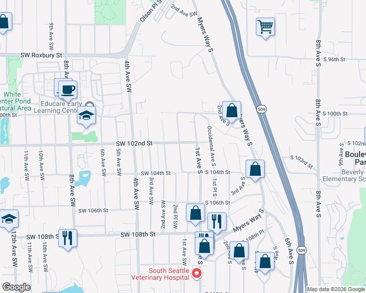 map of restaurants, bars, coffee shops, grocery stores, and more near 10044 1st Avenue Southwest in Seattle