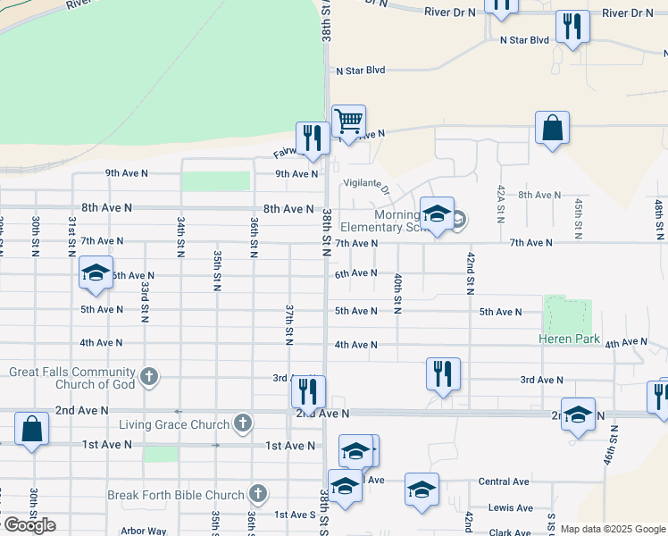 map of restaurants, bars, coffee shops, grocery stores, and more near 3724 7th Avenue North in Great Falls