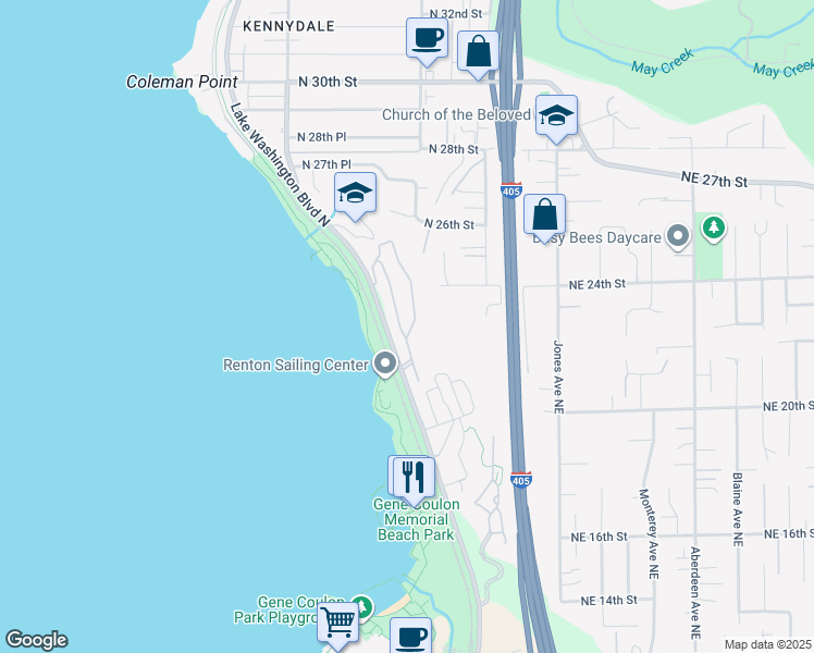 map of restaurants, bars, coffee shops, grocery stores, and more near 2100 Lake Washington Boulevard North in Renton