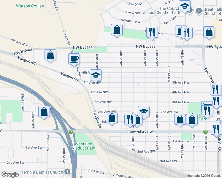 map of restaurants, bars, coffee shops, grocery stores, and more near 1426 5th Avenue Northwest in Great Falls