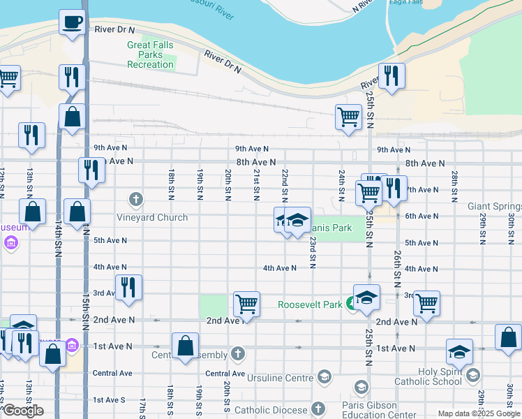 map of restaurants, bars, coffee shops, grocery stores, and more near 2101 6th Avenue North in Great Falls