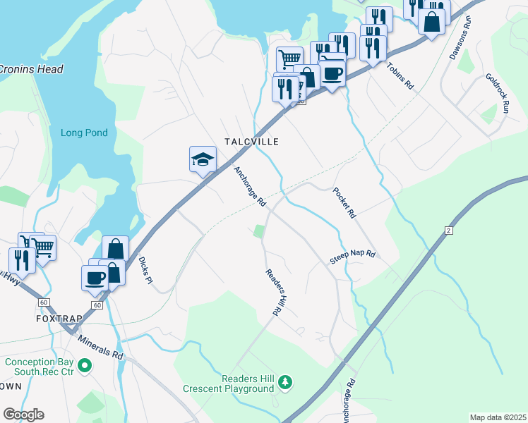 map of restaurants, bars, coffee shops, grocery stores, and more near 34 Anchorage Road in Conception Bay South