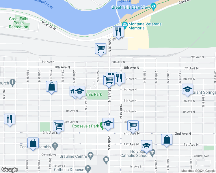 map of restaurants, bars, coffee shops, grocery stores, and more near 2505 6th Avenue North in Great Falls