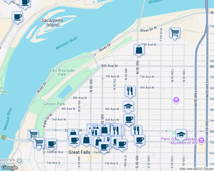 map of restaurants, bars, coffee shops, grocery stores, and more near in Great Falls