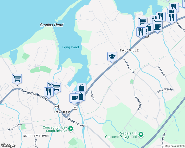 map of restaurants, bars, coffee shops, grocery stores, and more near 53 Perrins Road in Conception Bay South